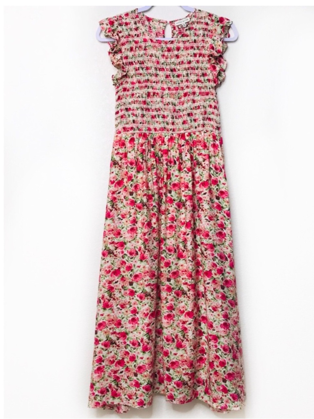 Moon River Smocked Pink Floral Sleeveless Maxi Dress, Sz Large